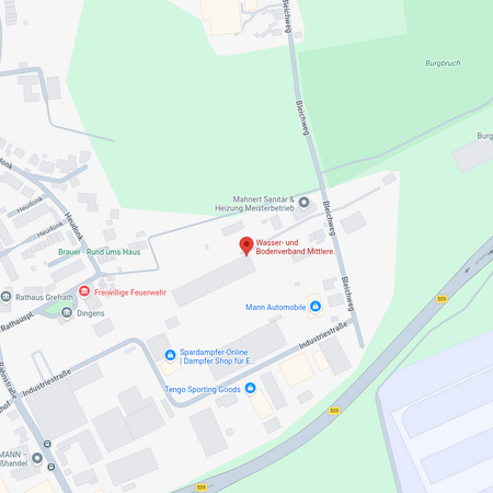 Karte von Grefrath mit markiertem Standort des Wasser- und Bodenverbands Mittlere Niers am Bleichweg 5f.