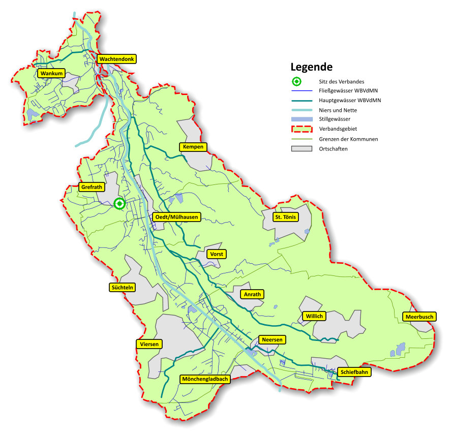 Karte des Verbandsgebiets der Mittleren Niers mit Gewässernetz, Kommunalgrenzen und Verbandssitz in Grefrath.